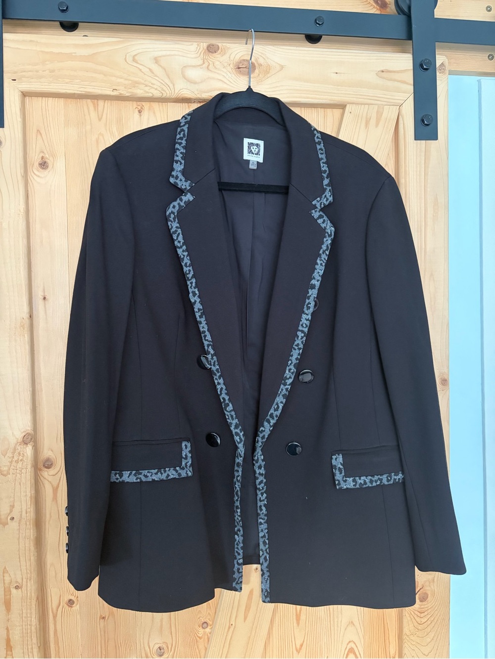Anne Klein Black Blazer with Gray Leopard-Print Trim